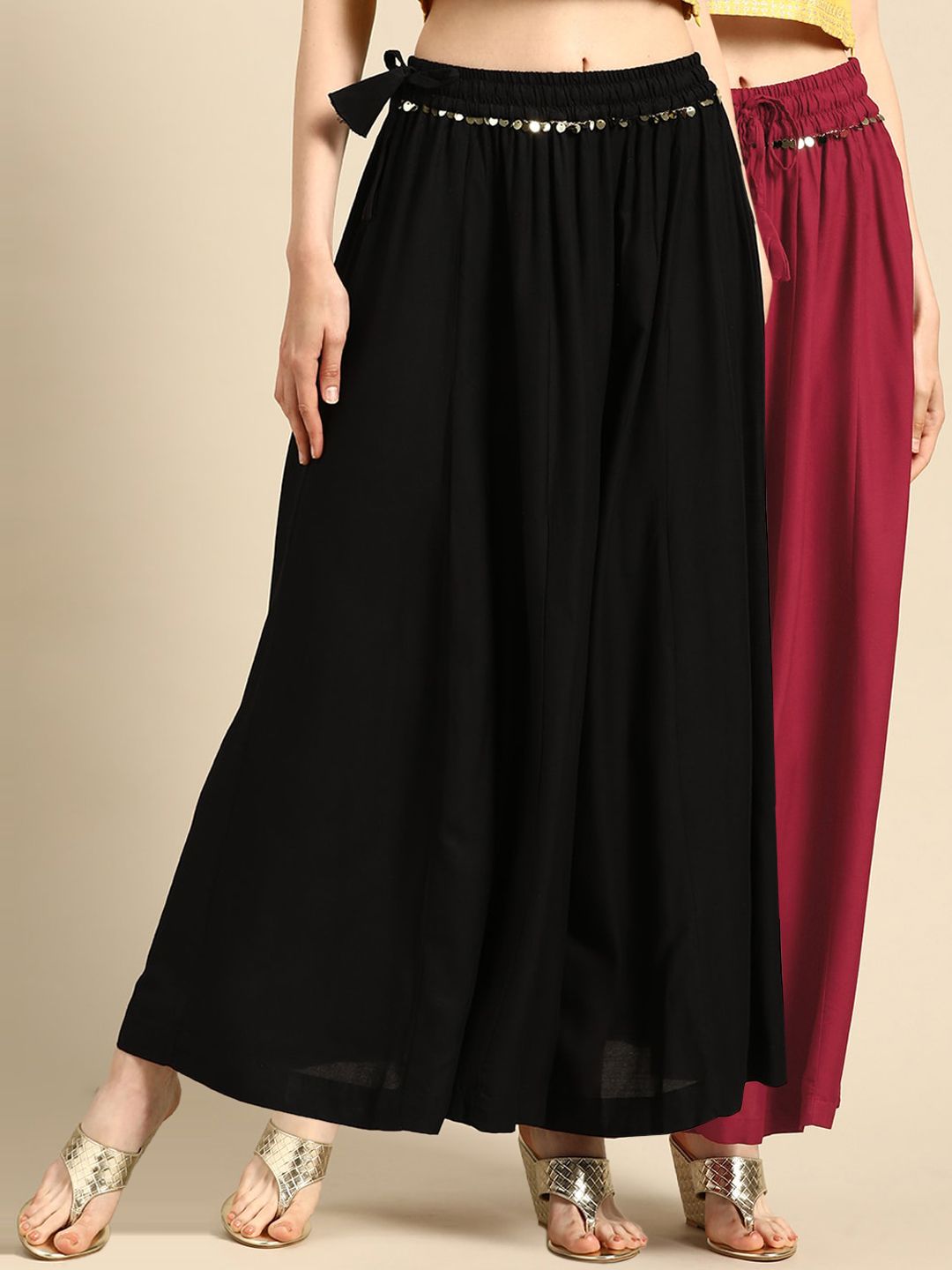 TAG 7 Women Black & Maroon Solid Flared Palazzos - Distacart