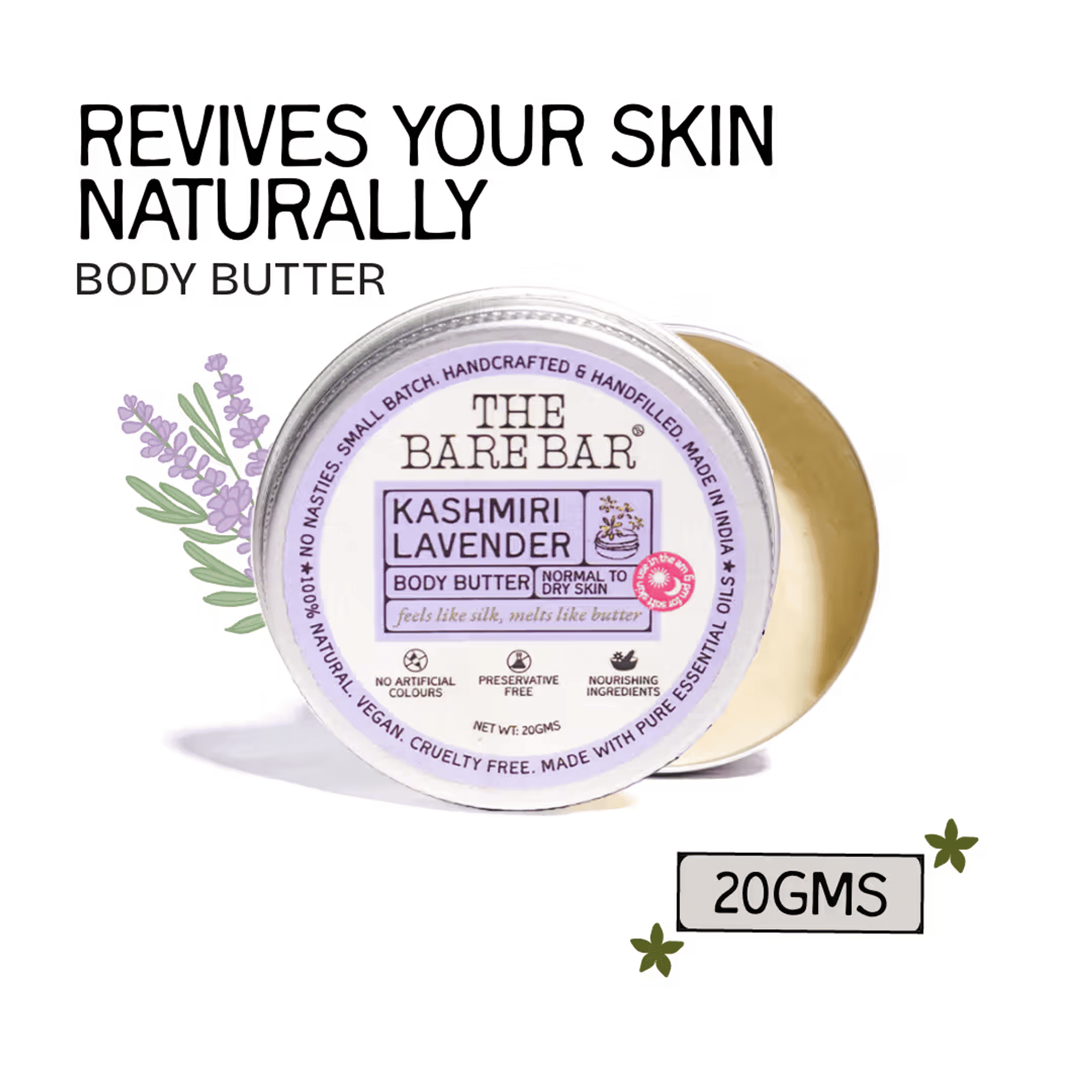 The Bare Bar Kashmiri Lavender Body Butter - Calming body cream with shea and mango butters - 20g