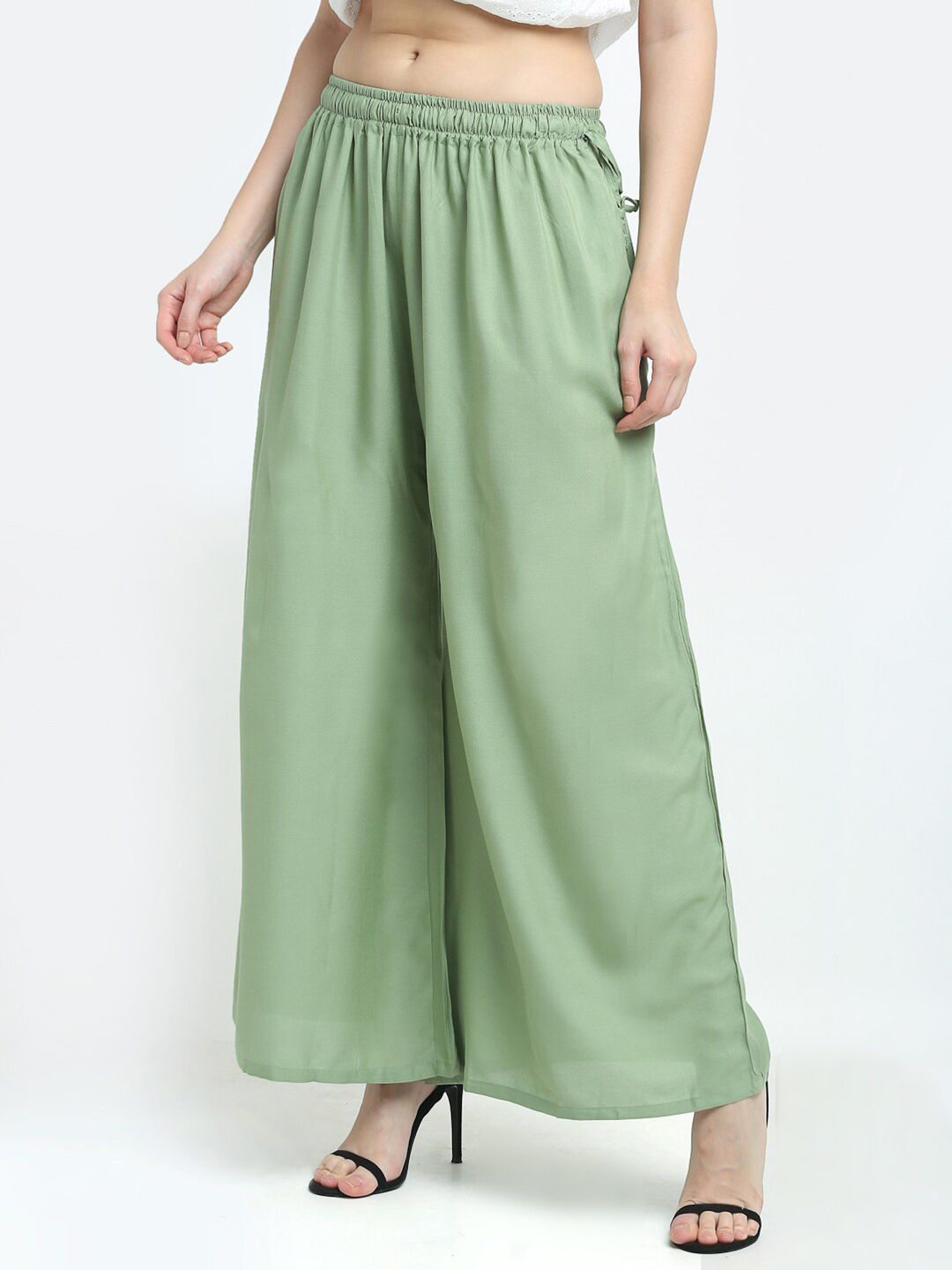 TAG 7 Women Sage Green Solid Flared Fit Ethnic Palazzos