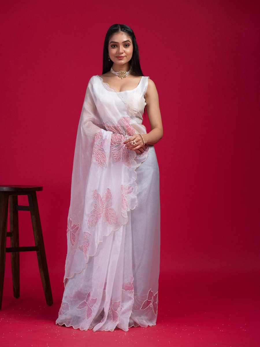 Anouk White Embellished Beads & Stones Organza Saree - Distacart