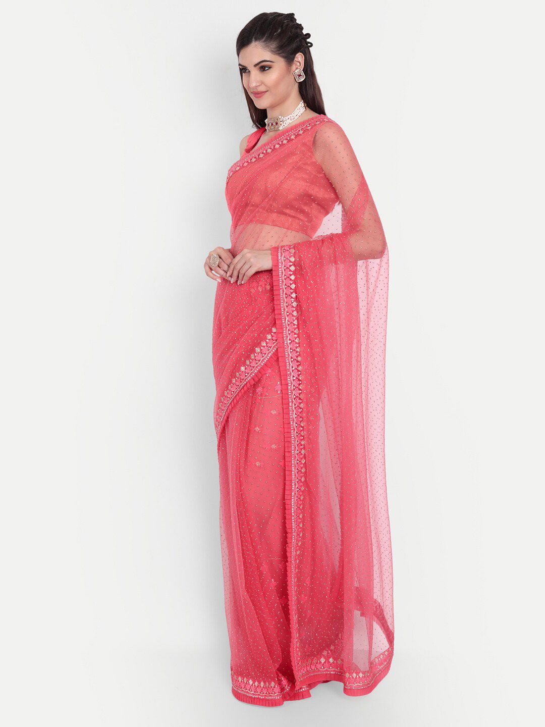 kasee Women Red Floral Embroidered Net Saree - Distacart