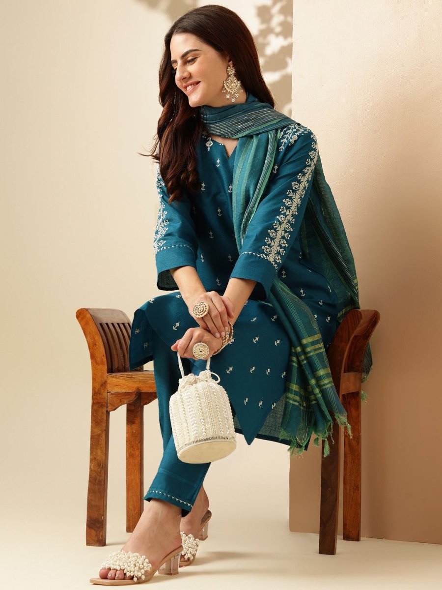 Anouk Teal Ethnic Motifs Embroidered Straight Kurta & Trouser With Dupatta - Distacart
