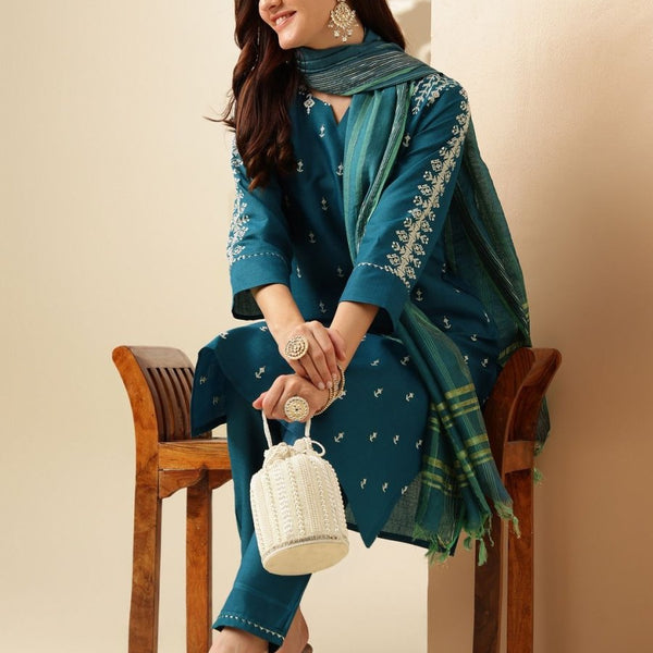 Anouk Teal Ethnic Motifs Embroidered Straight Kurta & Trouser With Dupatta - Distacart