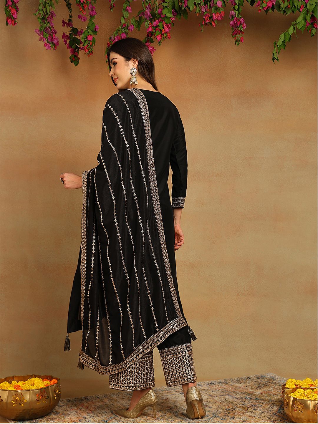 Kalini Ethnic Motifs Embroidered Regular Sequinned Kurta with Palazzos & Dupatta
