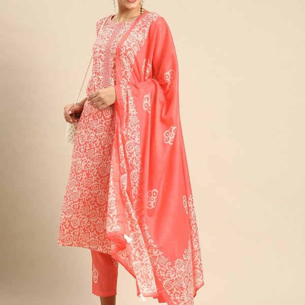 Anouk Coral Pink & White Ethnic Print Mirror Work Cotton Straight Kurta Trousers Dupatta - Distacart