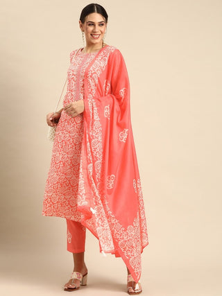 Anouk Coral Pink & White Ethnic Print Mirror Work Cotton Straight Kurta Trousers Dupatta - Distacart