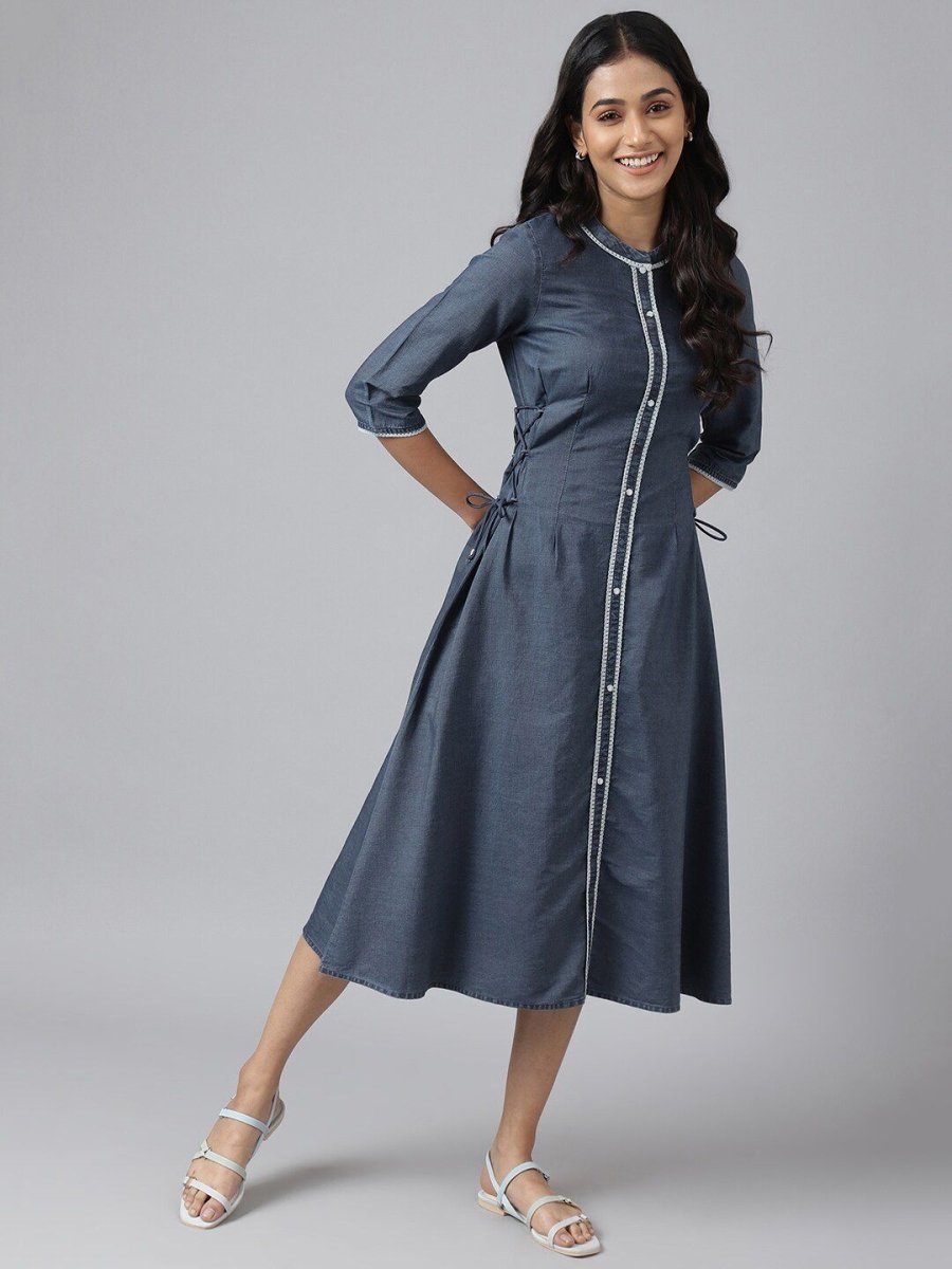 AURELIA Women Blue Solid A-Line Midi Dress