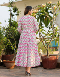 Thumbnail for Kaajh Women's Pink Floral Print Cotton Handblock Dress - Distacart