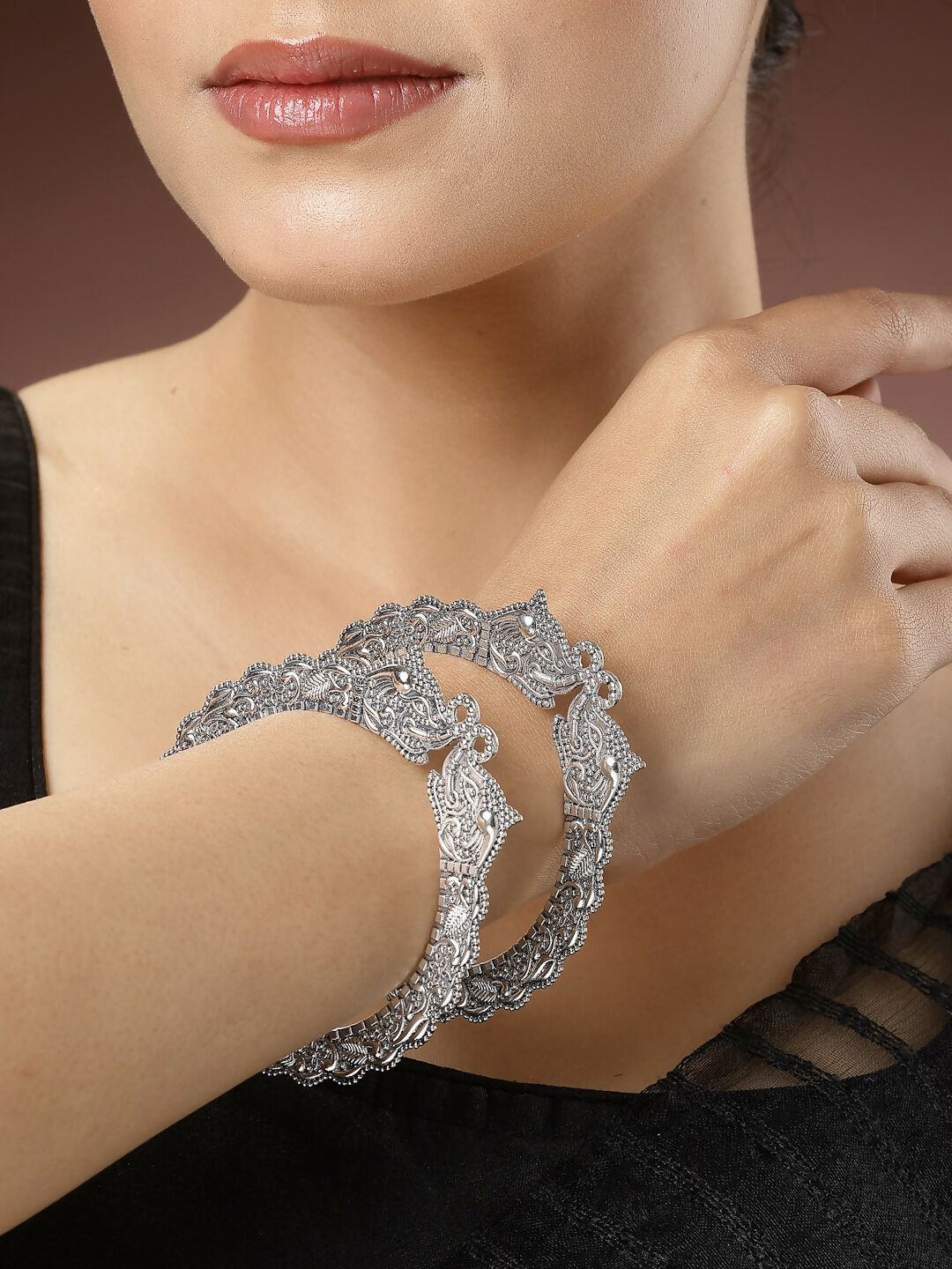 NVR Women's Set of 2 Silver-Toned German Silve Oxidised Elephant Design Handcrafted Bangles - Distacart