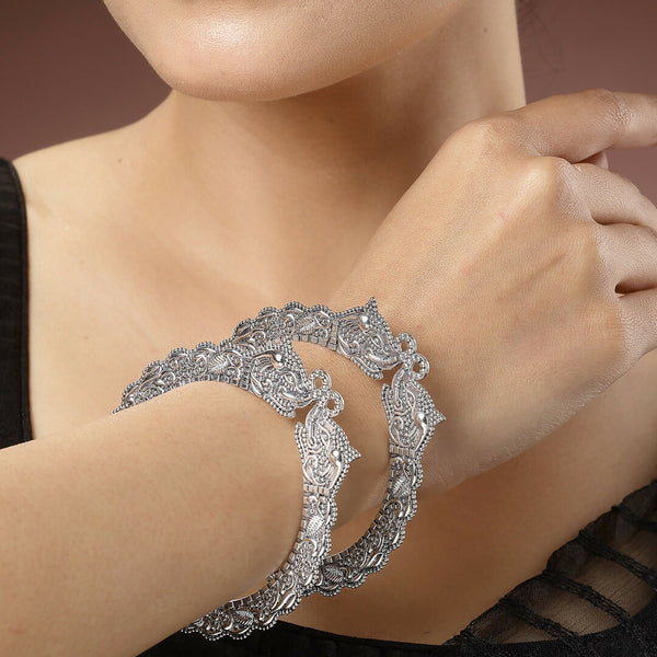 NVR Women's Set of 2 Silver-Toned German Silve Oxidised Elephant Design Handcrafted Bangles - Distacart