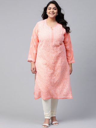 ADA Ada Women Plus Size Peach-Coloured & White Ethnic Motifs Chikankari Georgette Handloom Kurta - Distacart