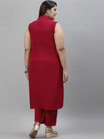Thumbnail for Sztori Plus Size Floral Printed Shirt Collar Straight Crepe Kurta with Palazzos