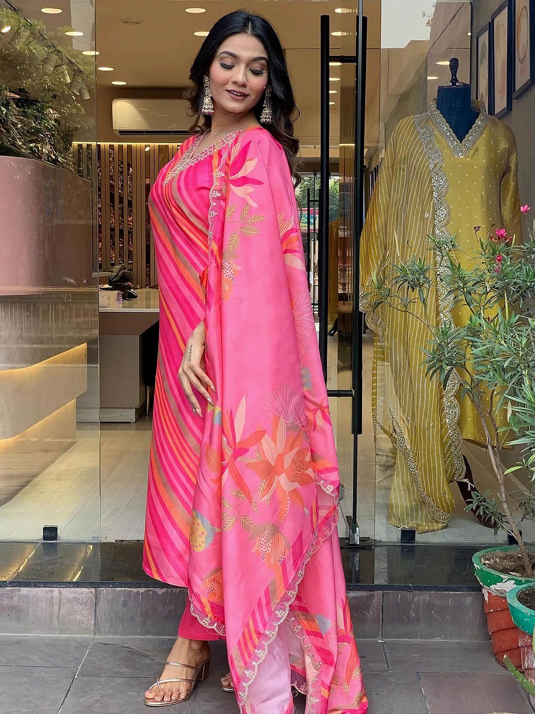 Kalini Leheriya Printed Sequinned Pure Silk Kurta with Trousers & Dupatta - Distacart