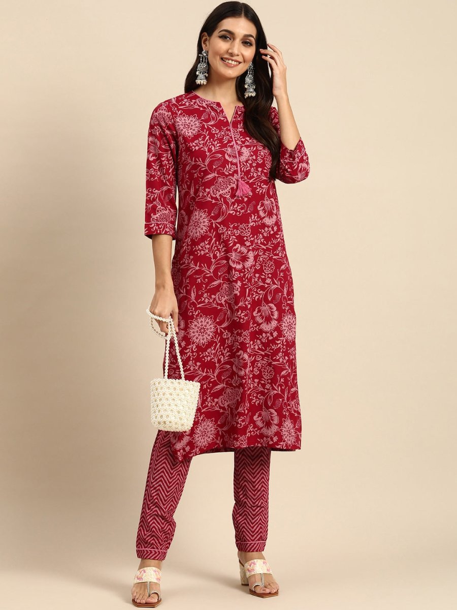 All About You Women Red Floral Printed Kurta with Trousers - Distacart