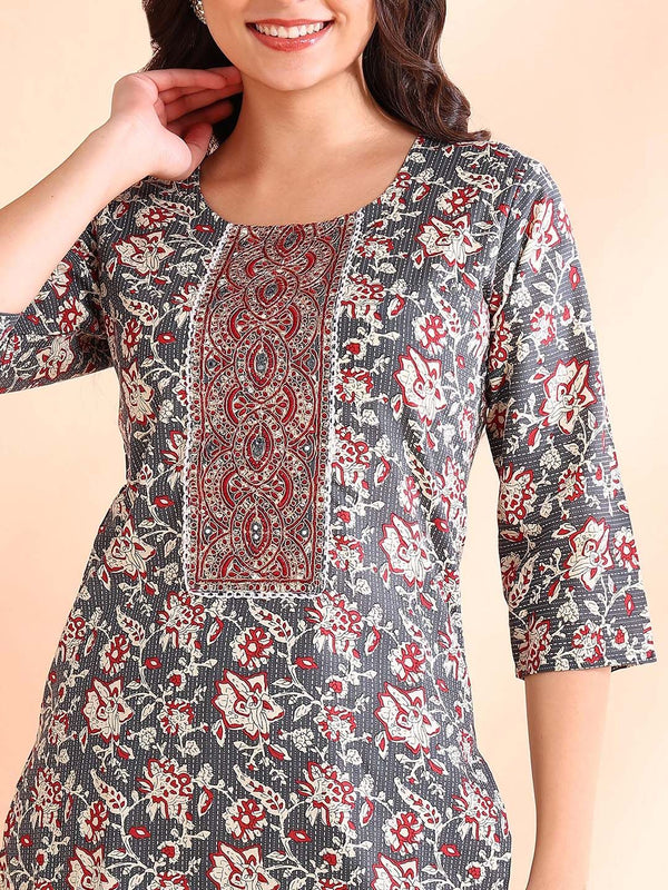 Ode by House of Pataudi Thread Work Pure Cotton Straight Kurta with Trousers & Dupatta - Distacart