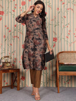 Thumbnail for Ode by House of Pataudi Mandarin Collar Floral Printed Regular Chanderi Silk Kurta Set - Distacart