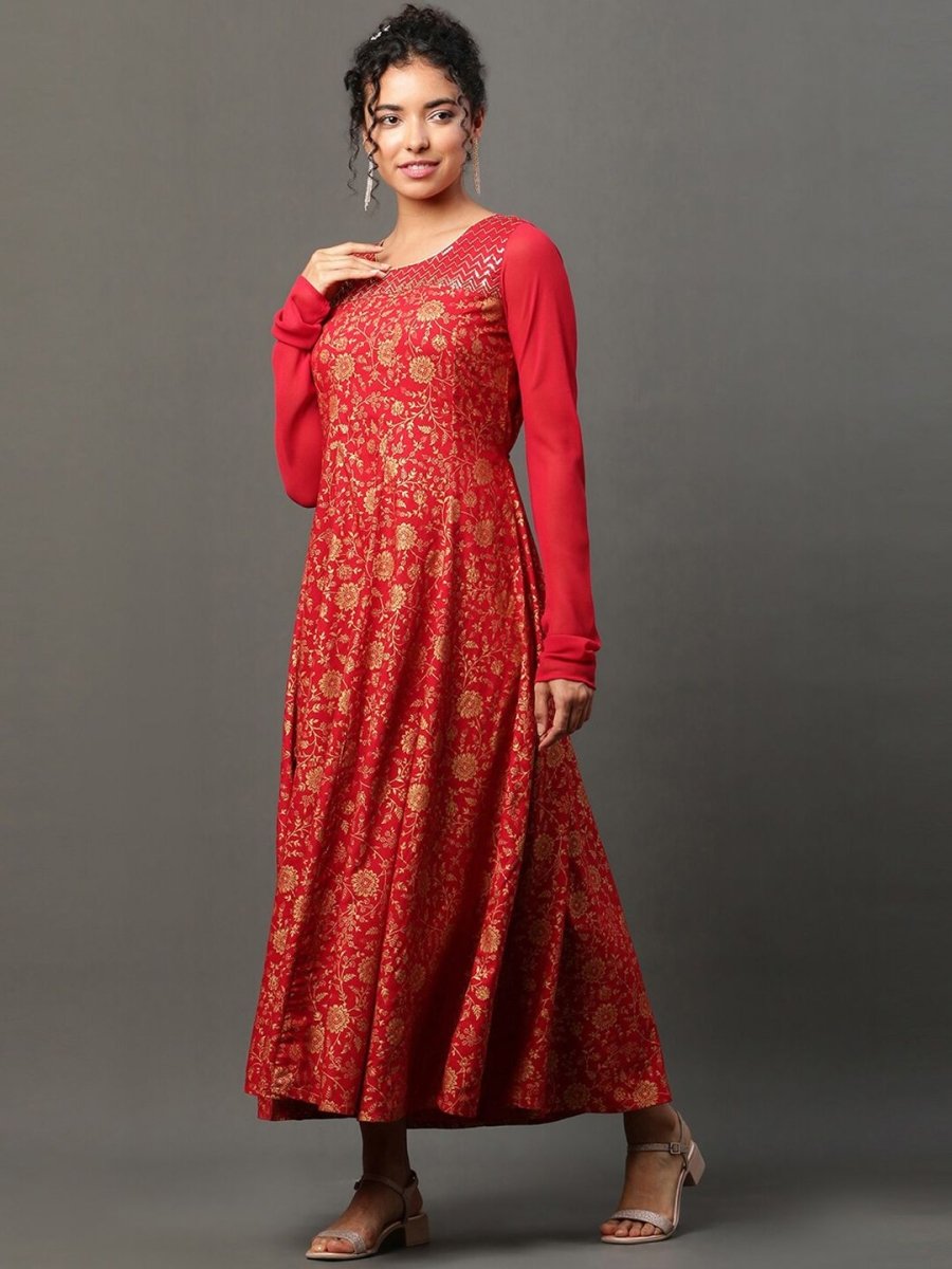AURELIA Floral Printed Sequinned A-Line Ethnic Dress