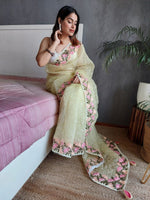 Thumbnail for Anouk Yellow & Green Floral Embroidered Organza Saree - Distacart