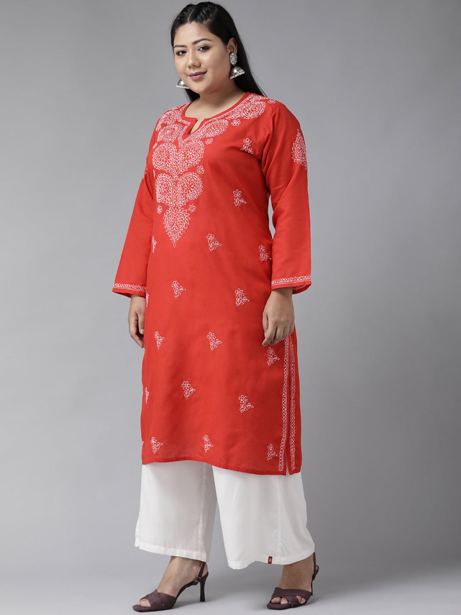 ADA Women Plus Size Red & White Ethnic Motifs Pure Cotton Chikankari Embroidered Kurta - Distacart