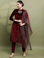 Thumbnail for Vishudh Women Floral Embroidered Knitted Velvet Kurta with Trousers & With Dupatta