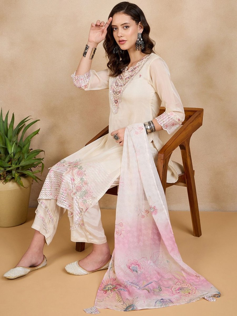 Anouk Off White Ethnic Motifs Embroidered Embellished Kurta With Trousers & Dupatta - Distacart