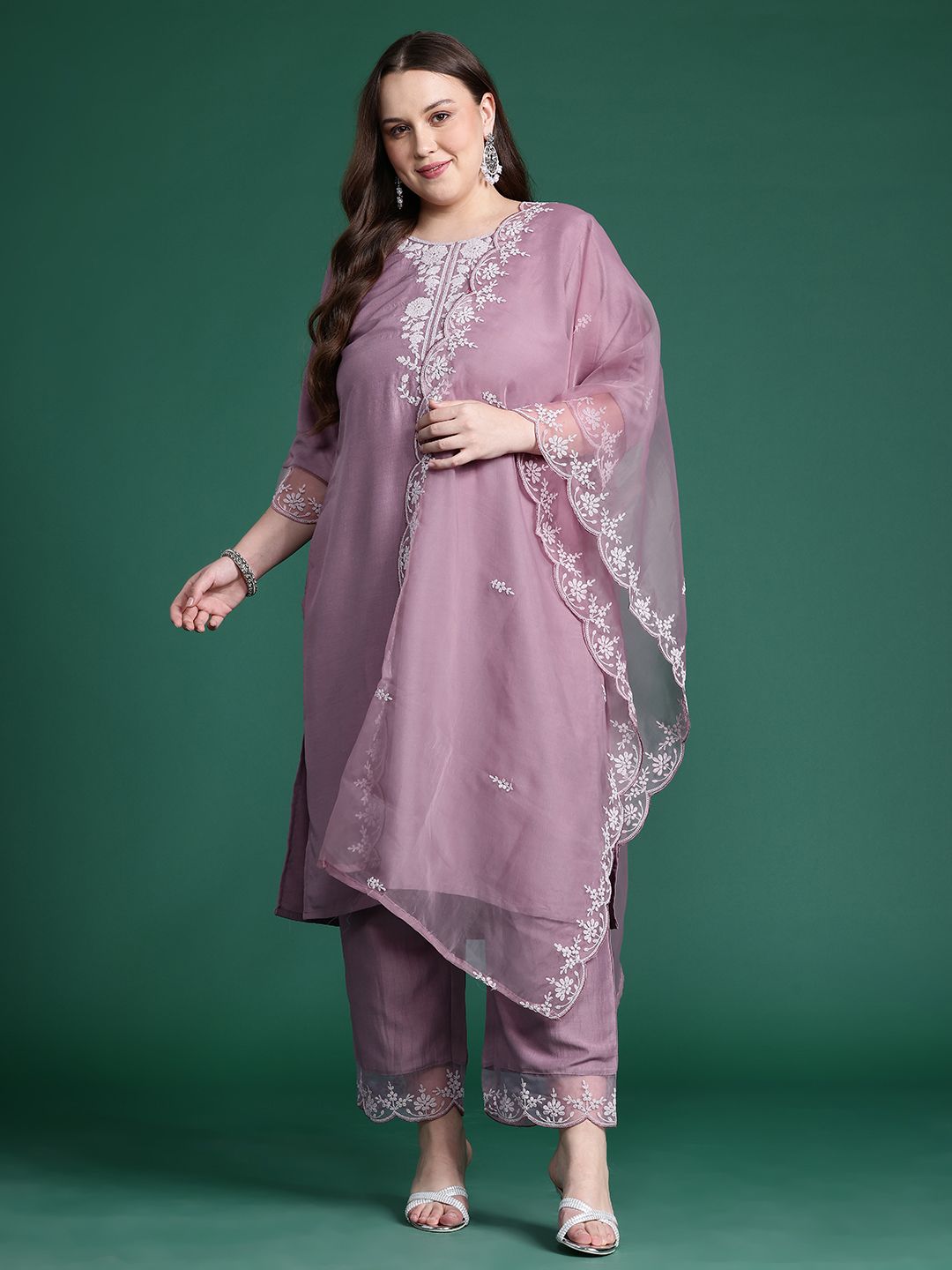 Indo Era Plus Size Floral Embroidered Thread Work Kurta With Trousers & Dupatta - Distacart