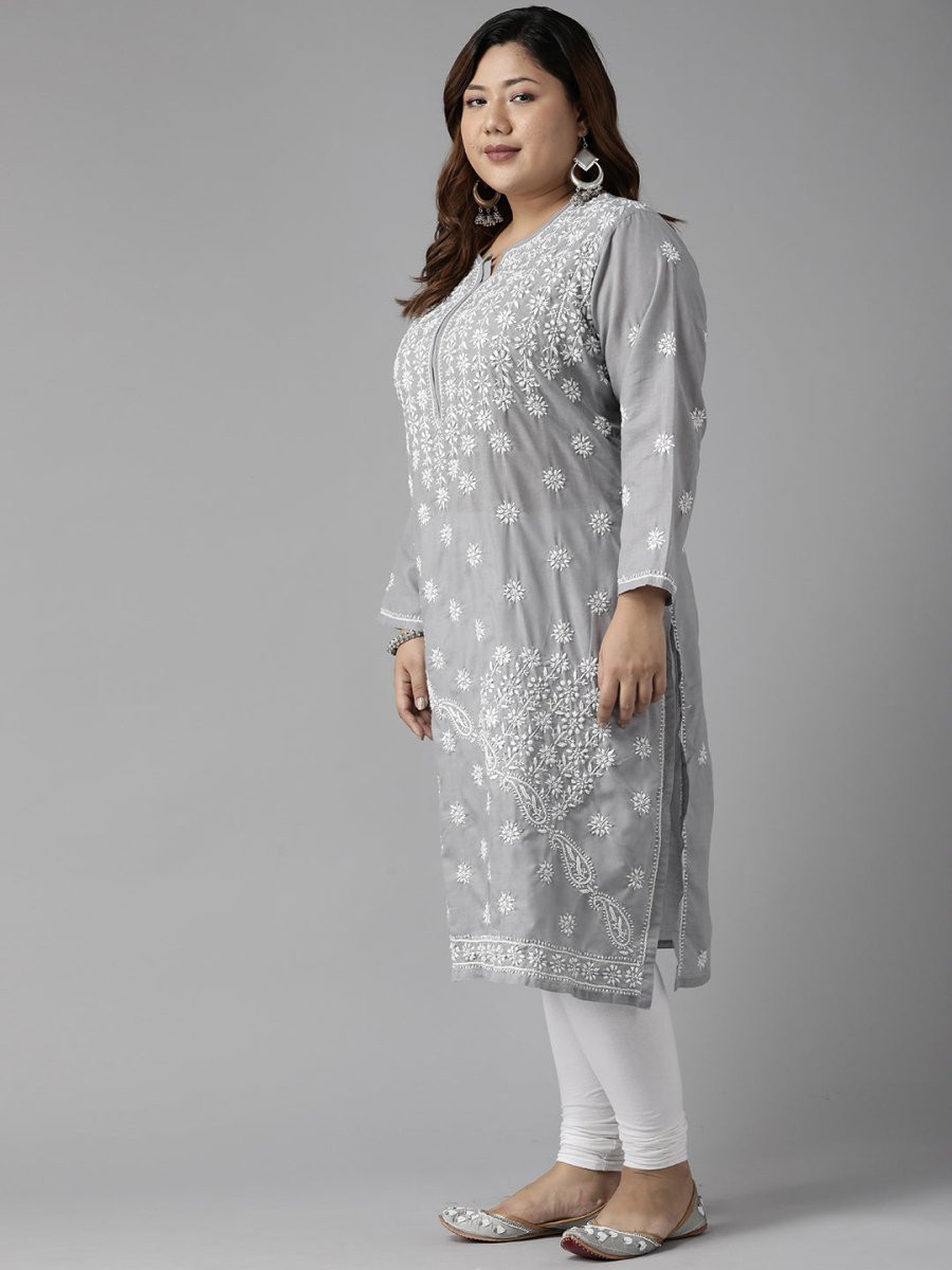ADA Women Plus Size Grey Floral Embroidered Chikankari Kurta - Distacart