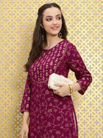 Thumbnail for Ode by House of Pataudi Women Magenta Pink Floral Embellished Mirror Work Kurta - Distacart