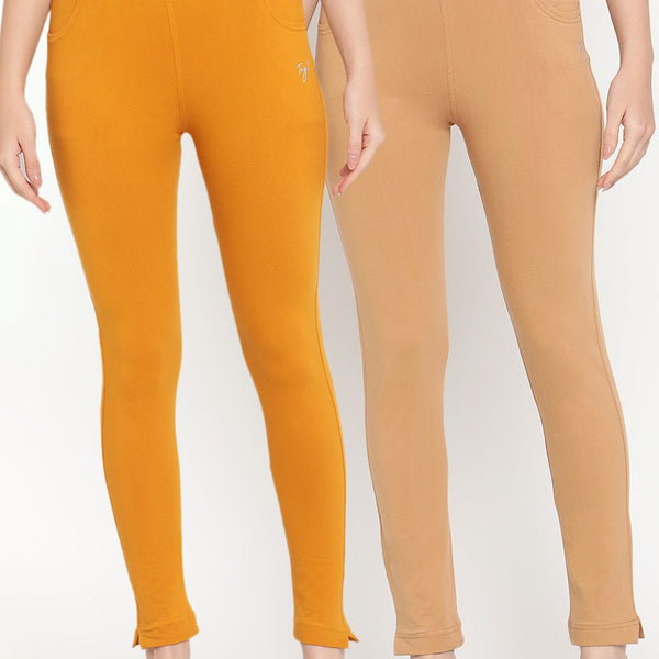 TAG 7 Pack of 2 Beige & Mustard Yellow Ankle-Length Leggings - Distacart