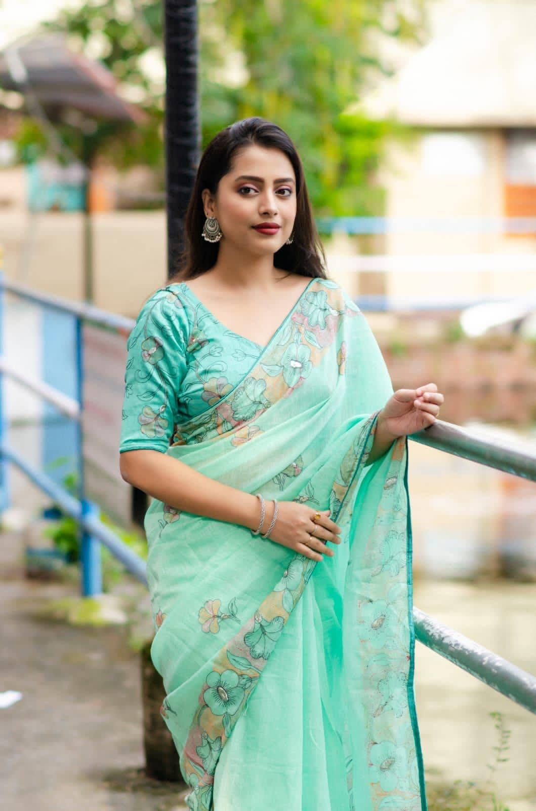 Seagreen Pure Linen Ethnic Motifs Saree with Unstitched Blouse - A2M - Distacart