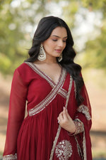 Thumbnail for Aastha Fashion Women's Maroon Faux Blooming Embroidery Zari Sequins-work Gown with Dupatta - Distacart