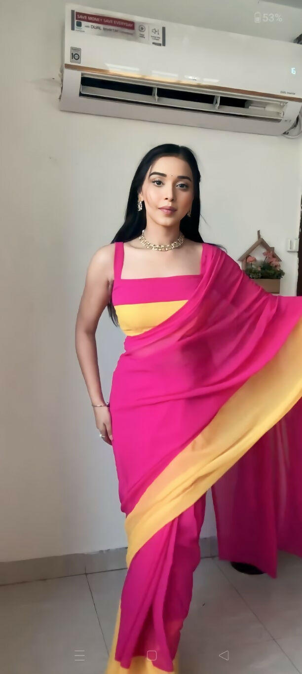 Malishka Satin Silk Printed Ready To Wear Saree With Blouse Piece - Pink - Distacart