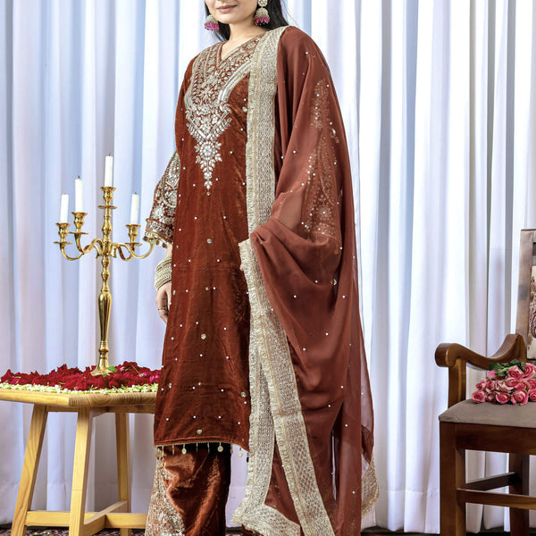 Teeya Creation Brown Color Velvet Silk Embroidery Work Party Wear Suit