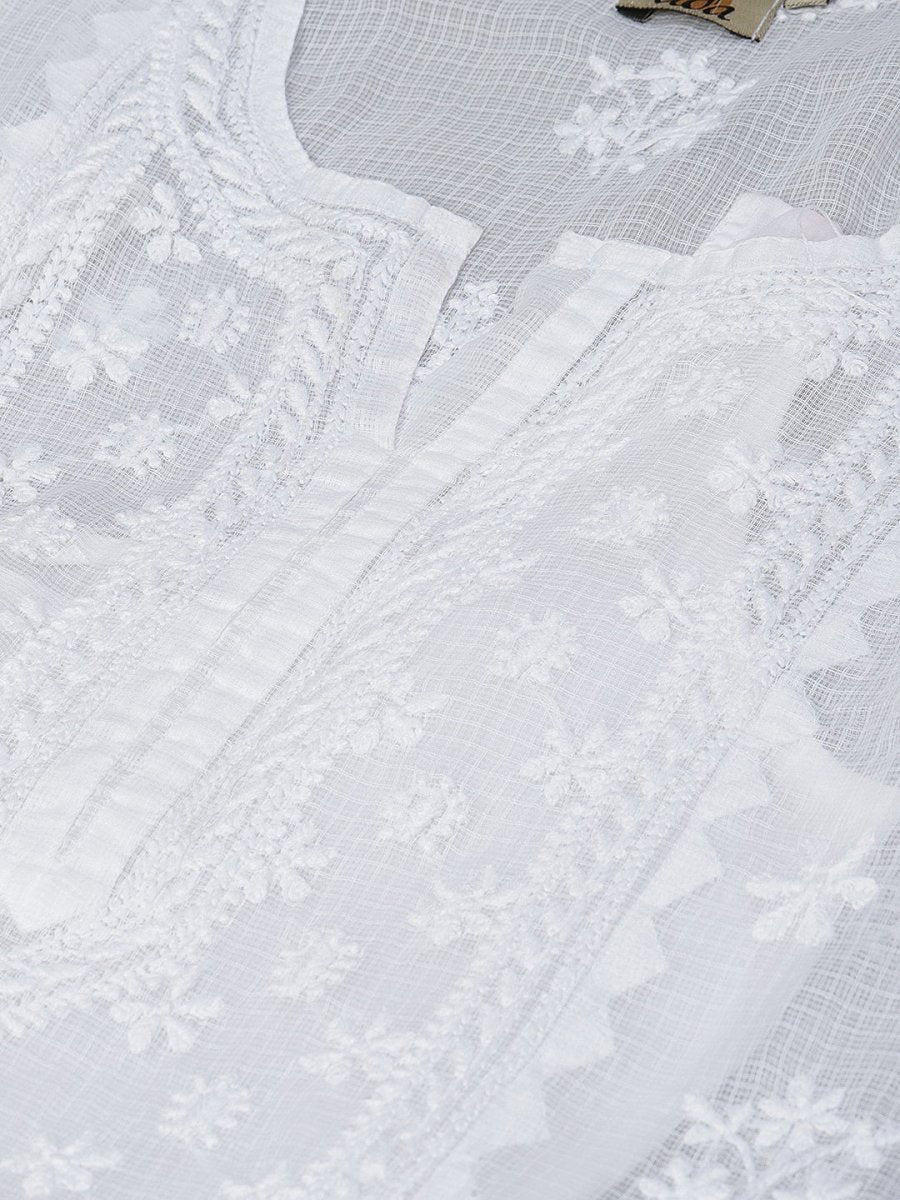 ADA Women White Chikankari Hand Embroidered Semi-Sheer Straight Kota Handloom Kurta - Distacart