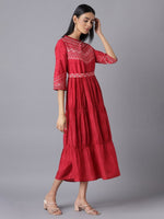 Thumbnail for AURELIA Red Ethnic Motifs Tiered Midi Dress