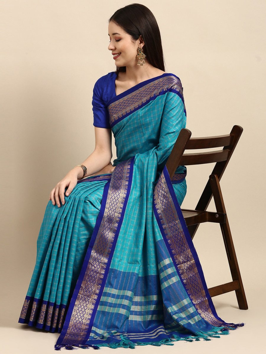 Anouk Blue & Gold-Toned Woven Design Pure Silk Banarasi Saree - Distacart