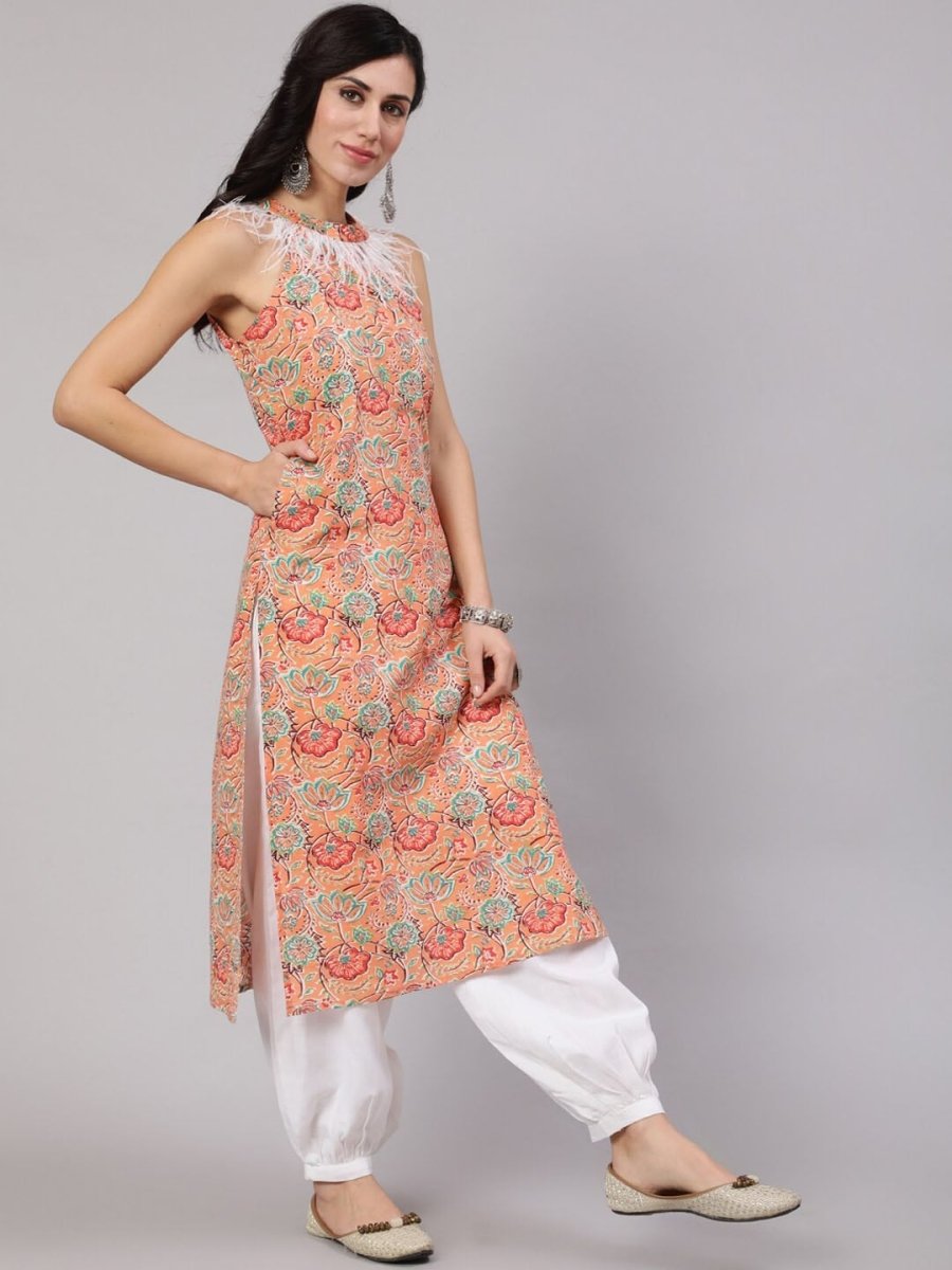 Aks Ethnic Motifs Printed Halter Neck Cotton Kurta - Distacart