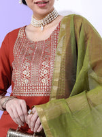 Thumbnail for Vishudh Women Rust & Green Yoke Design Straight Kurta with Trousers & With Dupatta