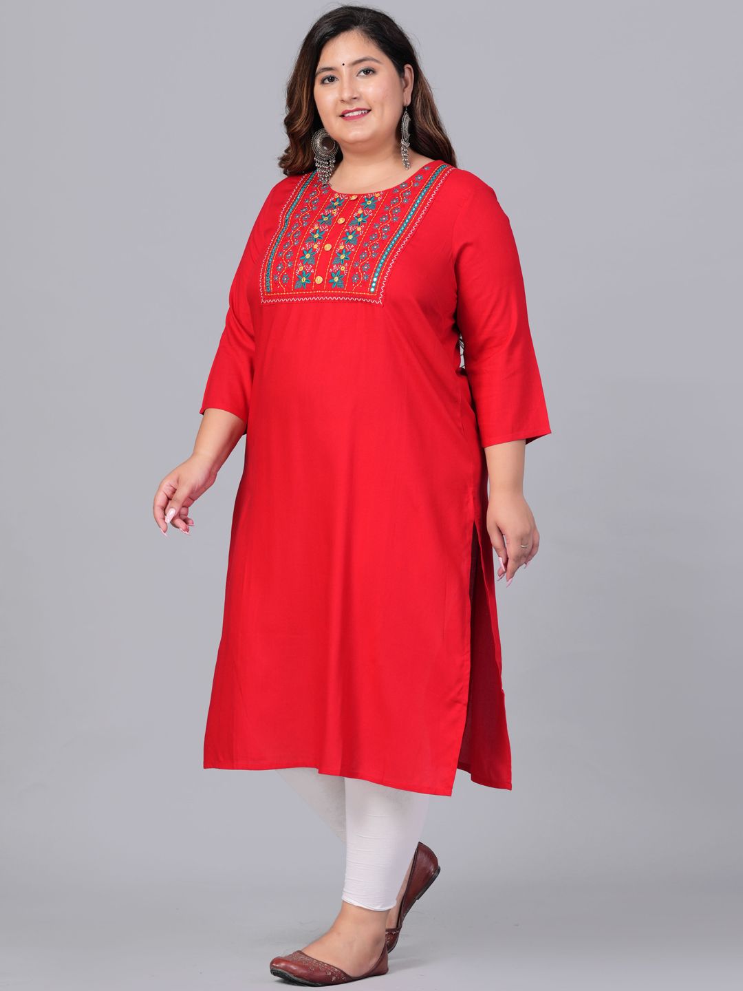 Sztori Plus Size Embroidered Yoke Design Round Neck Three-Quarter Sleeves Straight Kurta - Distacart