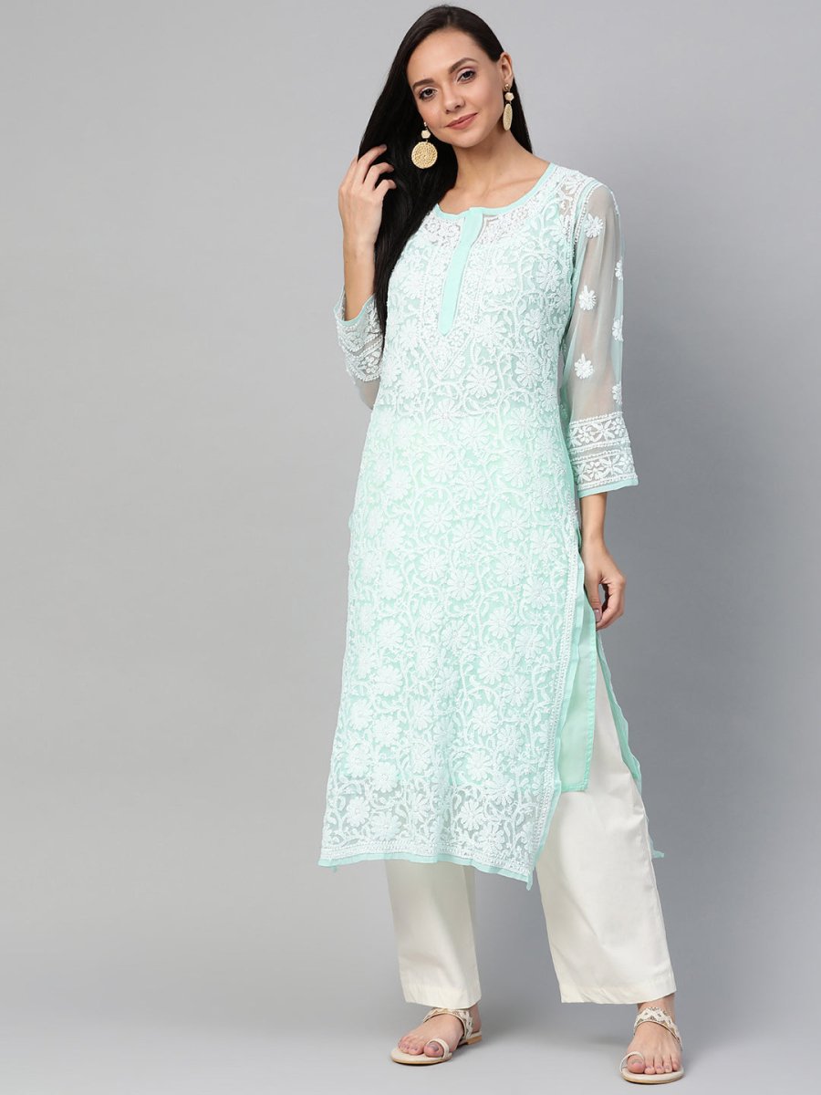 ADA Women Sea Green & White Chikankari Hand Embroidered Straight Sustainable Handloom Kurta - Distacart
