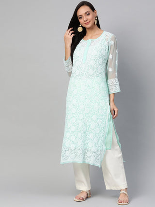 ADA Women Sea Green & White Chikankari Hand Embroidered Straight Sustainable Handloom Kurta - Distacart
