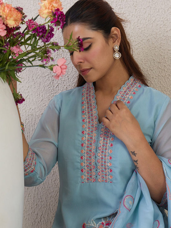 Indo Era Floral Embroidered V-Neck Thread Work Straight Kurta & Trousers & Dupatta