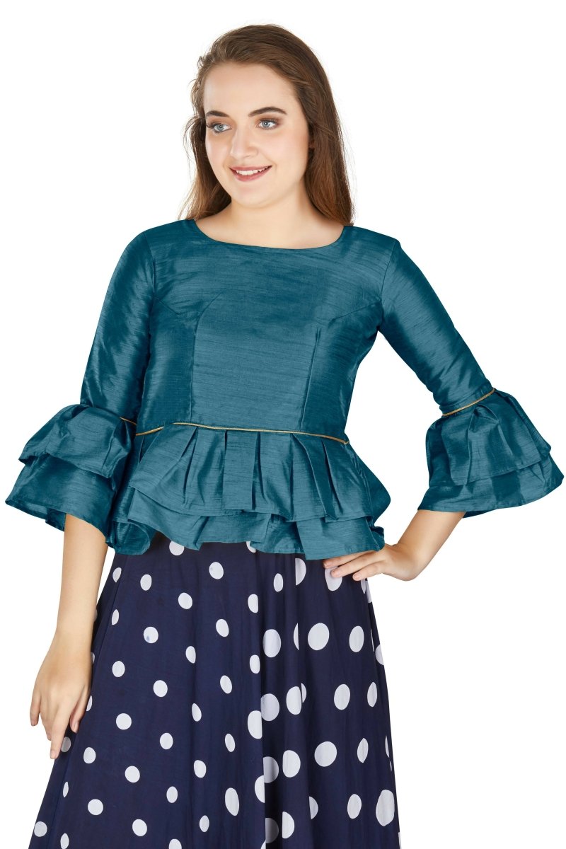 Aastha Fashion Women's Teal Art Silk Bell Sleeves attire with Poly Cotton Lining Blouse - Distacart