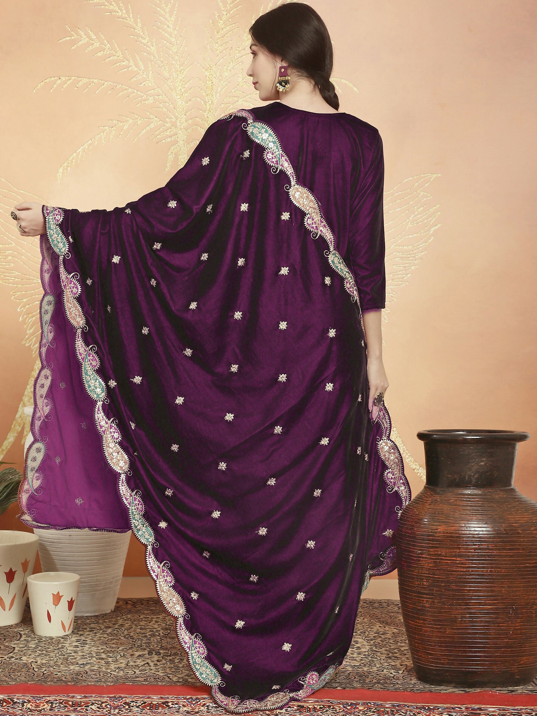 Jyoti Fashion Women's Wine Velvet Cording with Resham Thread & Sequin Kurta with Trouser & Dupatta - Distacart