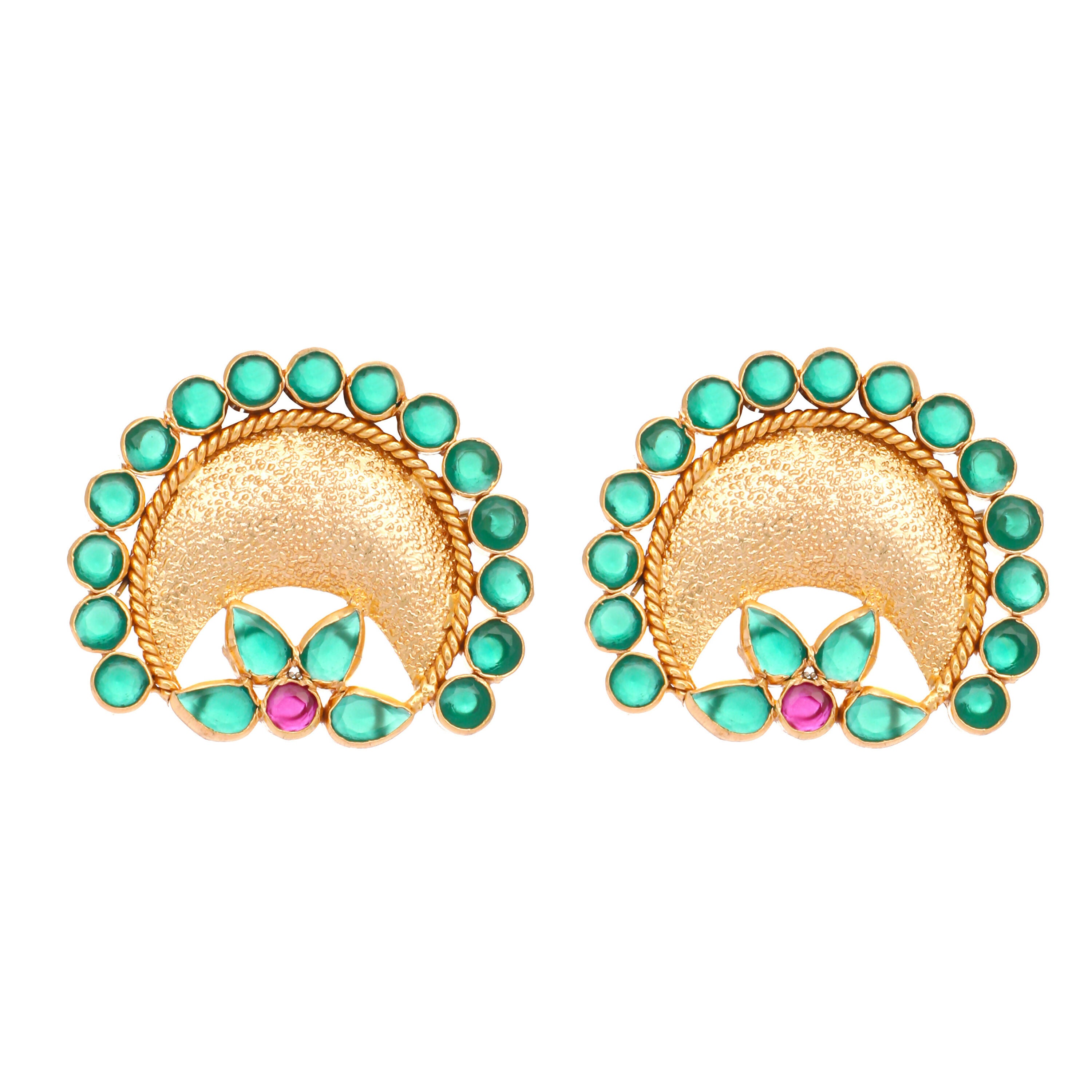 Nuyug 22K Gold Plated Faux Emerald Stone Studded Contemporary Shaped Studs