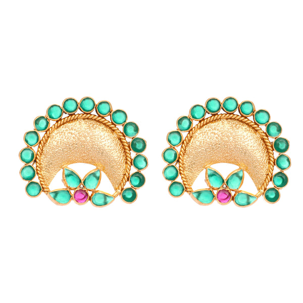 Nuyug 22K Gold Plated Faux Emerald Stone Studded Contemporary Shaped Studs