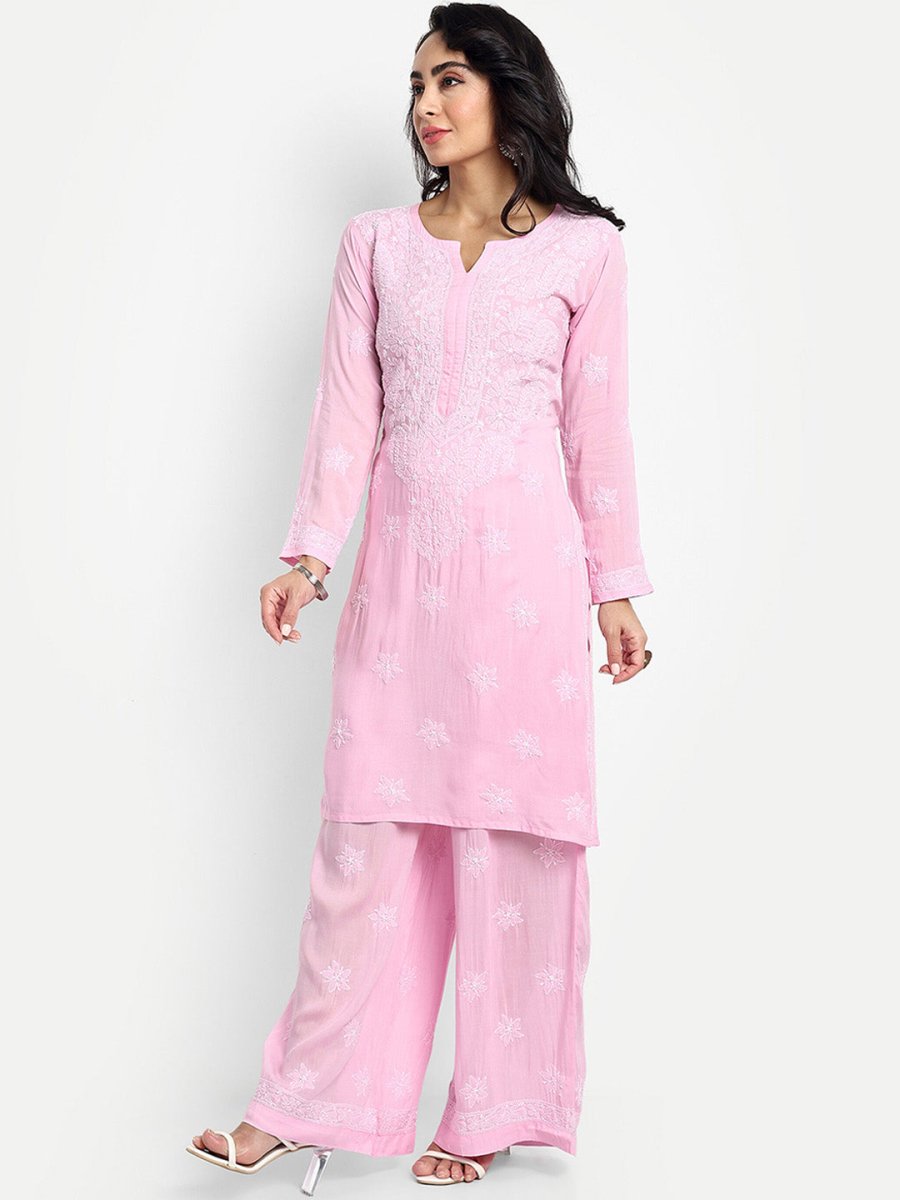 ADA Floral Embroidered Round Neck Long Sleeve Regular Chikankari Kurta With Palazzos - Distacart