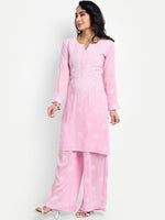 Thumbnail for ADA Floral Embroidered Round Neck Long Sleeve Regular Chikankari Kurta With Palazzos - Distacart