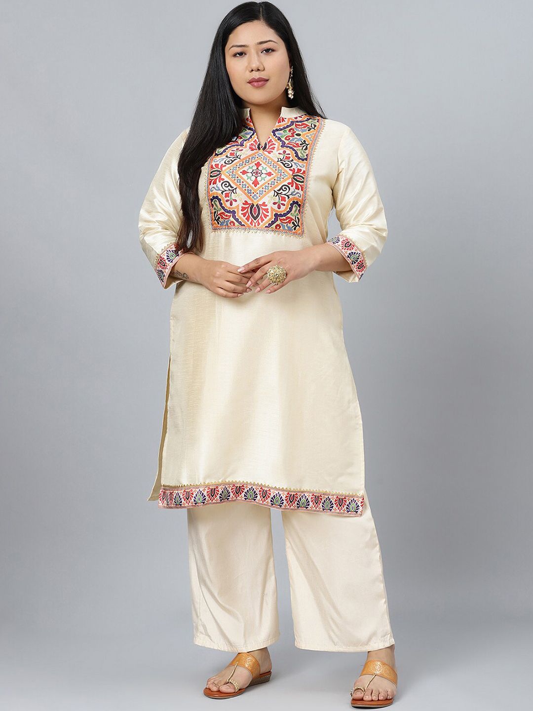 Sztori Plus Size Ethnic Motifs Printed Mandarin Collar Straight Kurta with Palazzos - Distacart