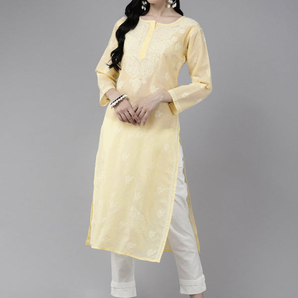 ADA Women Cream-Coloured & White Ethnic Motifs Embroidered Chikankari Cotton Kurta - Distacart